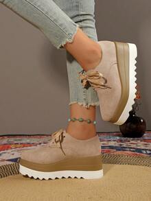 2025 Women's New Dual-Color Platform Lace-Up Round Toe Sneakers, College Style, Sporty, Suitable For All Seasons, Black Platform Wedge Shoes, Increase Height, Autumn/Winter - Khaki - View 7