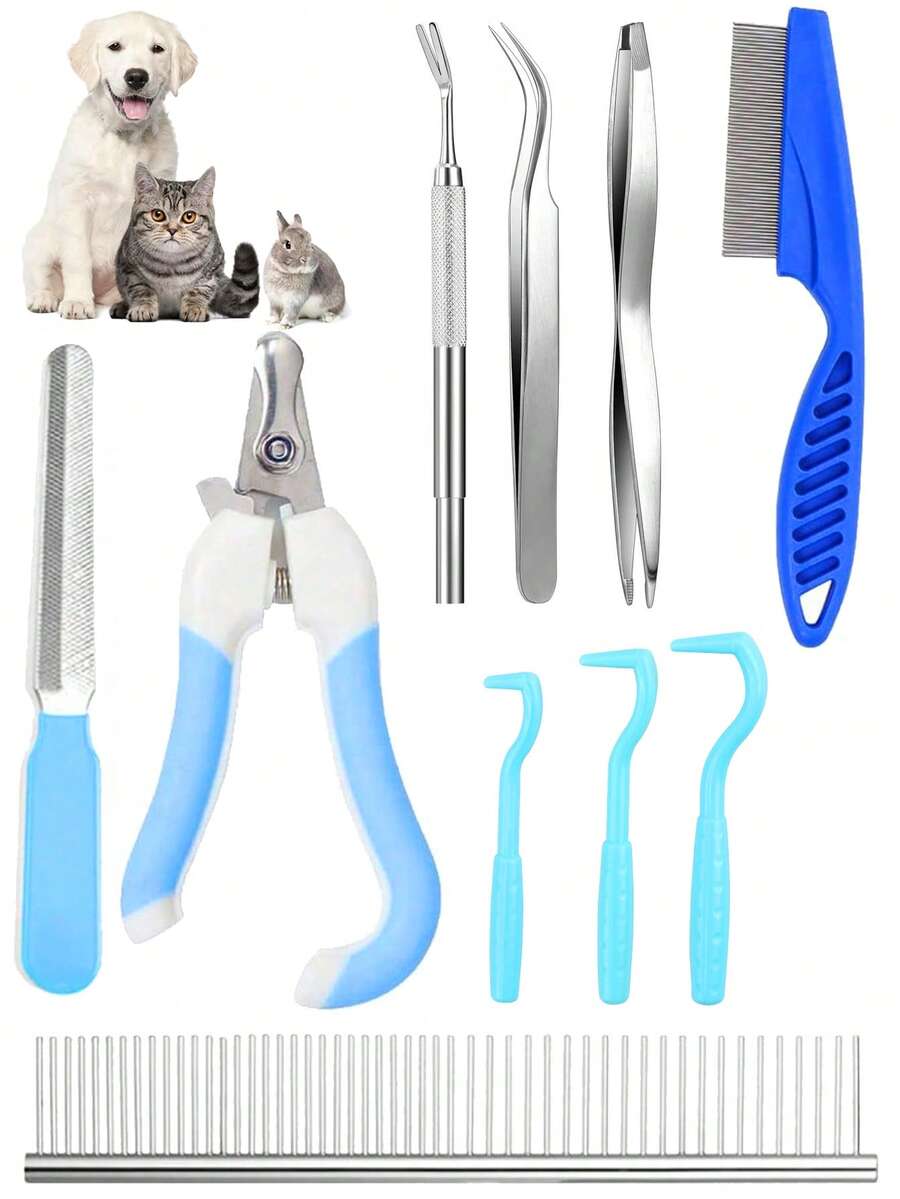 10pcs Pet Tick Removal & Grooming Kit, Includes Stainless Steel Tweezers And Nail Clippers, Suitable For Cats And Dogs, Practical Valentine's Day Pet Gift - Multicolor - View 1