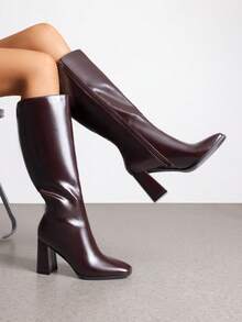 Women's Square Toe Gogo Boots Chunky Heel Classic Solid Color Knee High Boots With Side Zip Fashionable Tall Boots - 酒紅色 - 查看 4