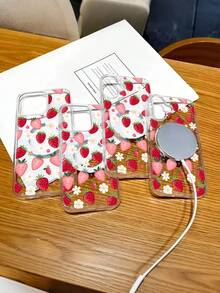 Pink Strawberry Flowers Pattern Premium Magnetic Phone Case For Compatible With IPhone 16/16e/15/14/13/12/11/ProMax/Pro/Plus/XSMax/XS/X, For Compatible With Samsung Galaxy S22/S23/S24/S25/Plus/FE/Edge/Ultra,Fashion Female Summer Unique Android Y2k Cases Transparent Shockproof Anti-Drop Ultra-Thin Design Acrylic+Tpu Hard Back Non-Yellowing Clear Protection Cover Men Casing Girl Women Ultimate Protective Fundas Para Protectores De Celulares Accessories Friend Gift Aesthetic Protector Forro De Teléfono - 無色 - 查看 3