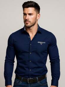 Men's Long Sleeve Slim Fit Office Casual Church Shirt Good Quality With Spandex Father's Day - 藏蓝色 - 查看 1