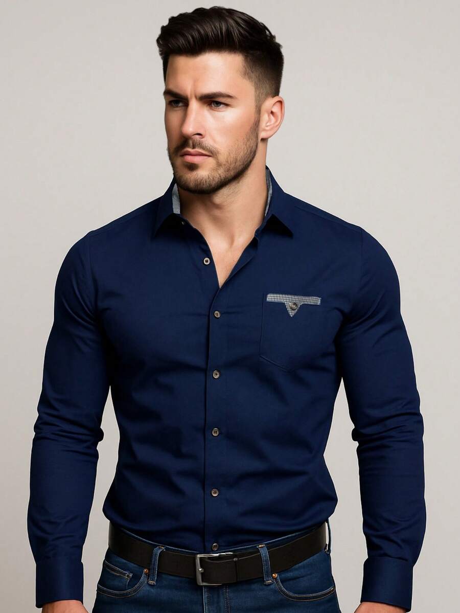 Men's Long Sleeve Slim Fit Office Casual Church Shirt Good Quality With Spandex Father's Day - 藏蓝色 - 查看 1