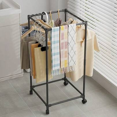 带轮子的多功能四边形旋转晾衣架，双层晾衣架，可高效整理卧室，多功能悬挂衣服和帽子的存储解决方案，非常适合小空间，非常适合季节性使用，通过时尚实用的设计提升您的洗衣体验，通过这款节省空间的必需品优化您的家居装饰，完美满足您所有的干燥需求，非常适合公寓和宿舍，通过这款创新的晾衣架提升您的洗衣常规