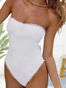 Women Lace Patchwork Square Neck Spaghetti Strap Monokini Bathing Suit Summer Swimwear Bikini - 白色 - 查看 2