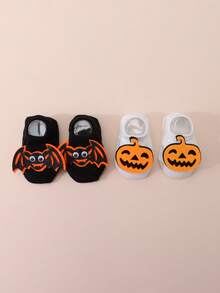 2 双婴儿棉质踝袜，万圣节骷髅设计黑白中筒袜，适合万圣节活动 - 彩色 - 查看 6