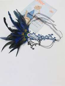 Premium Halloween Bestselling Rhinestone Decorated Artificial Feather One-Eye Half Face Mask With Chain, Masquerade Party Costume Prop