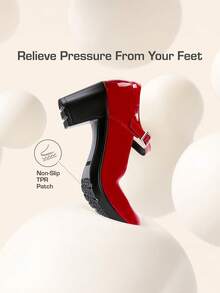 Women's Chunky Low Block Heels Pumps Mary Janes Closed Round Toe Comfortable Elegant Solid Color Dating Vacation Classic Dress Work Shoes - 紅色 - 查看 4
