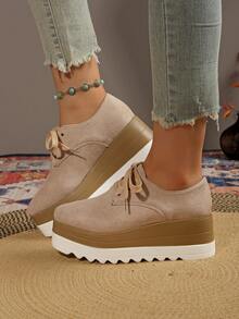 2025 Women's New Dual-Color Platform Lace-Up Round Toe Sneakers, College Style, Sporty, Suitable For All Seasons, Black Platform Wedge Shoes, Increase Height, Autumn/Winter - Khaki - View 5