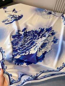 1 Peça Lenço de Seda Falsa com Estampa Floral Feminino, Xale Floral Versátil da Moda para Viagem e Decoração Diária, Primavera/Outono