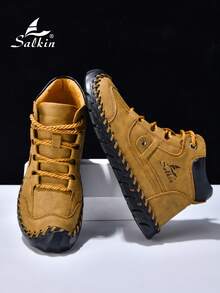 Salkin Botas de moda cosidas a mano para hombres, botas altas con cordones de color marrón simple y elegante, adecuadas para senderismo al aire libre, conducción y uso diario. Una opción imprescindible para hombres exitosos, con plantillas cómodas, suelas de goma duraderas y antideslizantes, y disponibles en varios colores y tallas