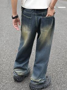 Y2K复古风男士蓝色水洗直筒宽松牛仔裤，送给老公或男友的完美礼物 - 藍色 - 查看 3