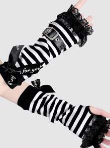 1 双 - Y2K 亚文化黑白条纹蕾丝袖套，洛丽塔甜美酷炫 JK 袖套，夏季薄款朋克风 - 蝴蝶結卡扣袖套 - 查看 11