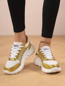 Women's Shiny Mesh Breathable Casual Sneakers, Lightweight Running Shoes - Gold - View 3