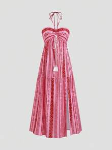 Women's Long Floral Bohemian Style Dress, Printed Halter Dress - Red - View 1