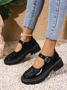 女士厚底休闲鞋，新款拼色复古粗跟蝴蝶结鞋，舒适软底乐福鞋，适合年轻学生，校园风格，玛丽珍鞋，一脚蹬，适合青少年，青年，女孩，秋冬，所有季节，基本款，小皮鞋 - 黑色 - 查看 3