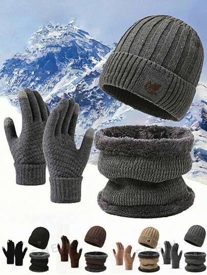 3pcs Men Knitted Wool Beanie Hat, Soft Warm Scarf & Touch Screen Gloves, Warm Winter Gift Set Winter Accessories Winter Outfits
