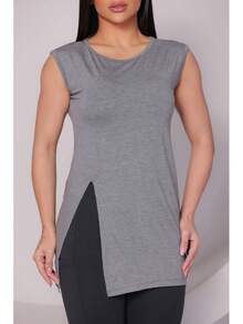 Blusa Feminina Regata Machão Long Line com Abertura P ao GG Academia Fitness - Chumbo - Visão 5