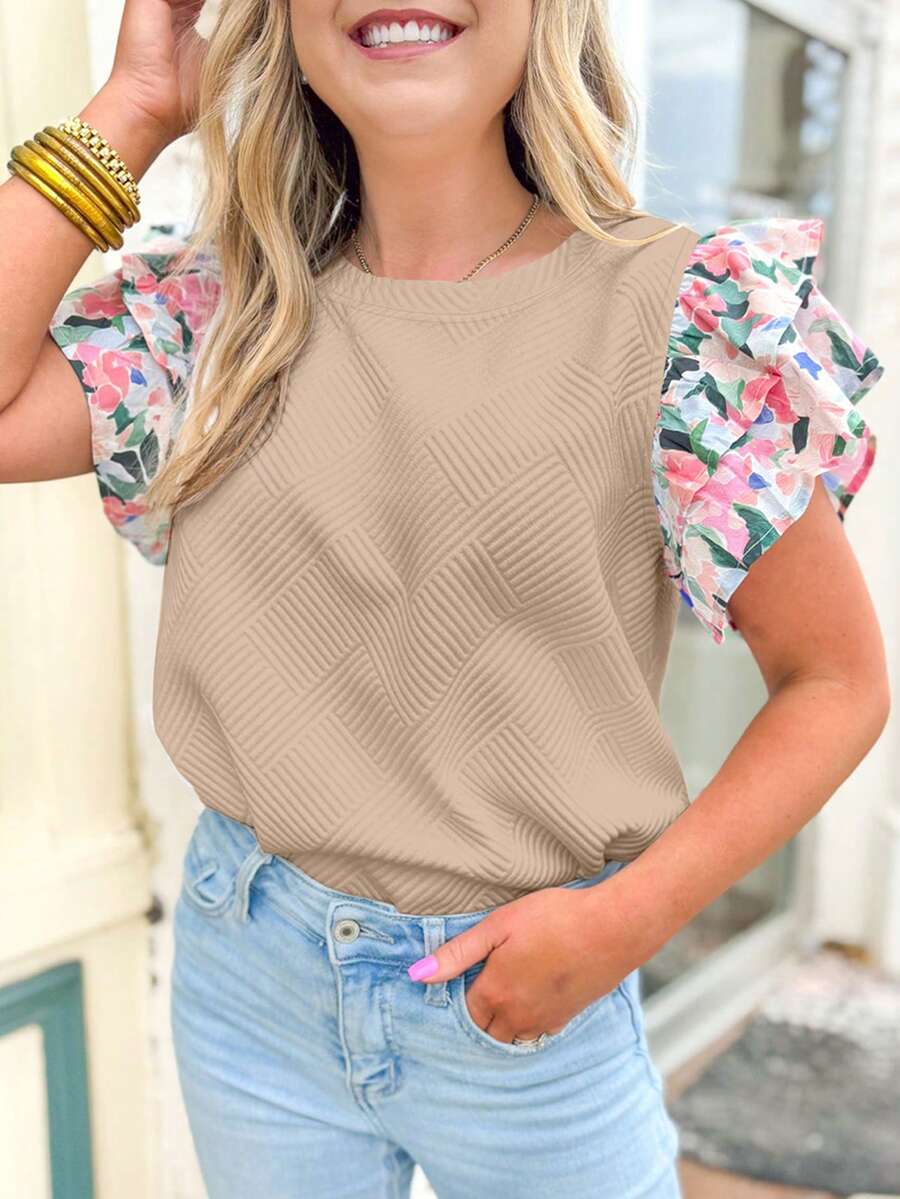 Acelitt Women's Khaki Round Neck Fitted Ruffle Colorful Floral Cuff Short Sleeve T-Shirt, Fashionable And Stylish For Summer - Khaki - View 1