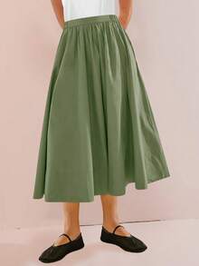 Womens A-Line Midi Skirt Elastic High Waist Pleated Flowy Swing Casual Long Skirt With Pocket - 橄欖綠 - 查看 5