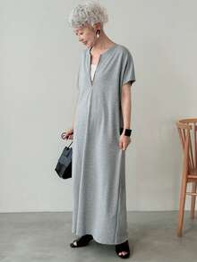 FRIFUL Abito lungo estivo casual da donna con cerniera metallica, colore unito, manica corta, ampio, abito da laurea per signore - Grigio Chiaro - Visualizzare 3