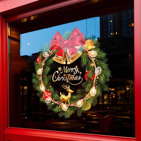1 pieza Pegatina de ventana de Navidad de 45cm*45cm, compuesta de campanas, lazos y renos, calcomanía de corona de vidrio para decoración de fiesta navideña, adhesivo estático para ventana