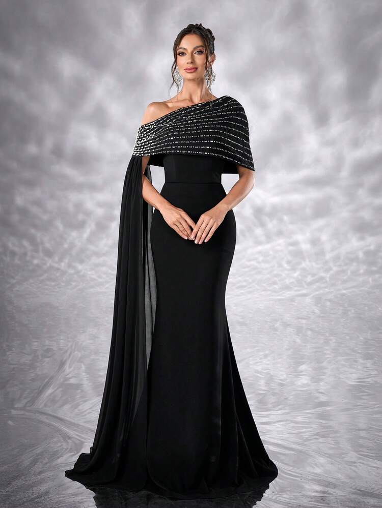 YISIKADO Women's Elegant Ballroom Dress, Rhinestone Embellished  One-Shoulder Shawl Sleeveless Formal Evening Gown, Mermaid Silhouette  Flared Skirt, Suitable For Balls, Parties, Weddings, Galas, ...