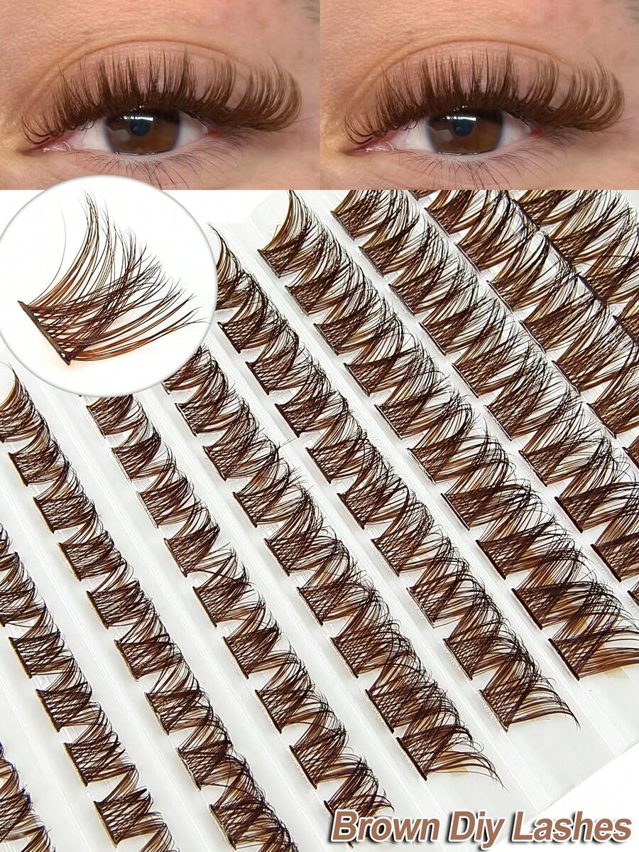 100pcs Brown Single Lashes, D-Curl Thick Stem 9-16mm, DIY False Eyelashes, Natural & Voluminous, Reusable, Suitable For Daily, Wedding, Date, Party, Music Festival, Spring Travel - D - 查看 1