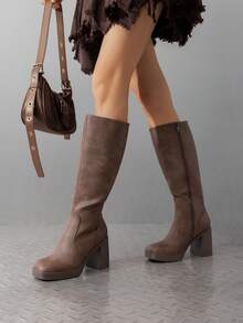 Women's Chunky Block Heeled Knee High Boots Platform Square Toe  Fashionable Solid Color Gogo Boots With Side Zipper - màu nâu - Xem 3