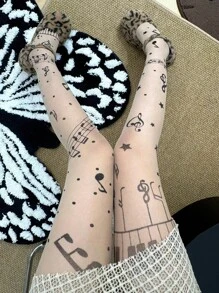 1pc Y2K Sexy Music Note Printed Sheer Pantyhose, Lightweight For Spring/Summer - Apricot - View 5