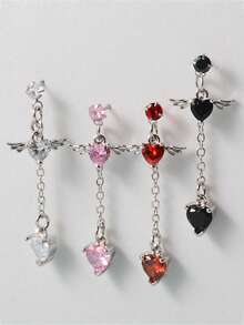 1pc Cubic Zirconia Heart & Wing Drop Earring Valentines - Silver - View 5