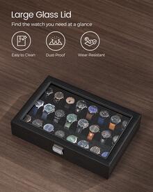 SONGMICS Watch Box, 24-Slot Watch Case, Lockable Watch Storage Box With Glass Lid, Gift Idea, Ink Black Synthetic Leather - 黑色 - 查看 6