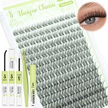 自然睫毛套装 154 片 DIY 睫毛套装 纤细睫毛套装 10-18 片混合装，含粘合剂和封层卸除剂以及镊子，睫毛簇 - 黑色 - 查看 1