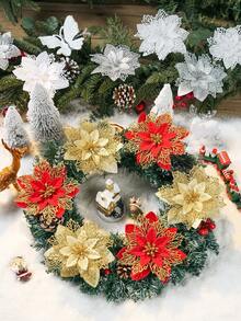 20/10/1pc Poinsettia Christmas Floral With Clips, Christmas Decorations, Shiny Poinsettia, Christmas Tree Flower Decor, DIY Christmas Wreath, Home Holiday Party - Gold - View 3