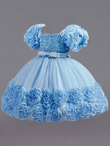 Girls' Floral Party Dress | 3D Embroidered Flowers On Sleeves & Hem With Sparkle Bodice | Special Occasion Gown For Birthday & School Events (2-7 Years) - 藍色 - 查看 2