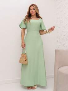 MODA MO, REF:8025 Women's Short-Sleeved Lotus Edge Dress, Solid Color, Long A-Line Skirt, Temperament Slim Waist Skirt For Summer 2025 - 綠色 - 查看 1