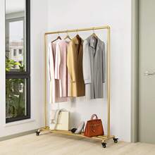 Industrial Gold Clothing Racks On Wheels, Boutique Display Gold Clothes Rack With Shelf, Rolling Garment Rack For Retail Use