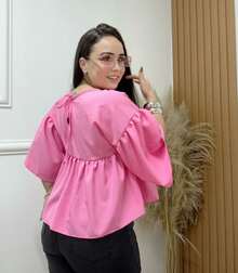 Women's Cropped Wide Ruffled Blouse - Baby Pink - View 6