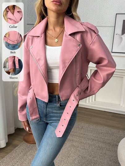 女士纯色简约拉链短外套，日常穿着粉色