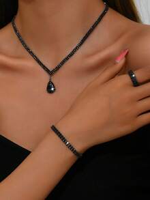 3 件套银色金属水钻项链、耳环和手链首饰套装，新娘婚礼配饰 - 1413783424-2黑色套裝 - 查看 3