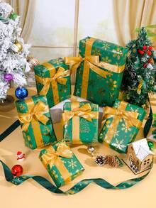 1 Roll 19.69 In X 196.85 In - Christmas Foil Metallic Wrapping Paper - Gold And Dark Green Reindeer, Christmas Tree, Snowflake Pattern, Party Decor, Perfect For Holiday Gifts, Christmas Presents And Wrapping