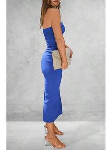 Women's Summer Bodycon Maxi Tube Dress Ribbed Strapless Side Slit Long Going Out Casual Elegant Party DressesHalloween Christmas New Year - 藍色 - 查看 2