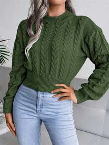 Women's Cable Knit Crew Neck Long Sleeve Cropped Pullover Sweater, Casual For Autumn/Winter - xanh quân đội - Xem 3
