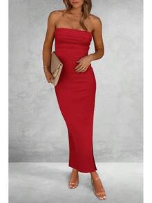 Women's Summer Bodycon Maxi Tube Dress Ribbed Strapless Side Slit Long Going Out Casual Elegant Party DressesHalloween Christmas New Year - 紅色 - 查看 7