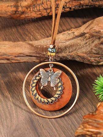 1 pieza Collar con colgante de mariposa vintage en color marrón, diseño geométrico de círculo de madera multicapa, adecuado para que las mujeres lo combinen con atuendos diarios y accesorios de fiesta, regalo