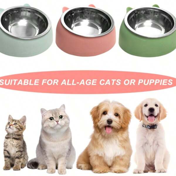 1pc Stainless Steel Pet Bowl - Cat Ear Bowl, 2-In-1 Tilted Design - Protects Neck, Suitable For Cats, Dogs And Other Small Animals