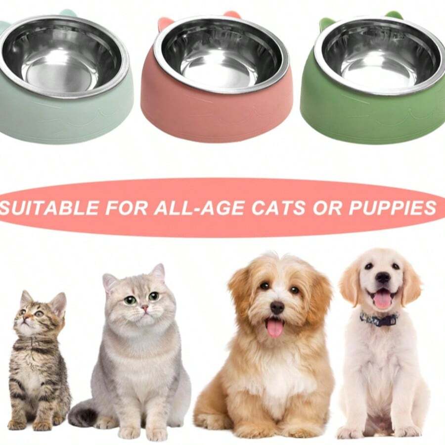 1pc Stainless Steel Pet Bowl - Cat Ear Bowl, 2-In-1 Tilted Design - Protects Neck, Suitable For Cats, Dogs And Other Small Animals