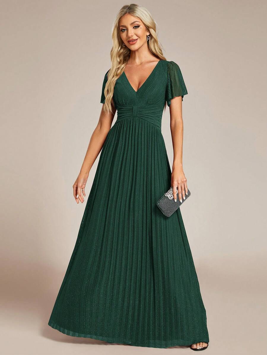Vestido de noche elegante y sexy con cuello en V profundo, volantes y mangas cortas plisadas para mujer - Verde Oscuro - Ver 1