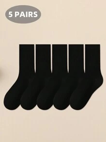 1/5/6 Pairs Women Socks, Encore Solid Color Ribbed Mid-Calf Socks, Simple & Versatile For Outdoor Casual Wear, Indoor Black & White Ladies Socks, Autumn/Winter