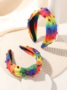 1 件多巴胺彩虹条纹水钻扭纹头带，休闲百搭面料发饰，适合日常生活、街头服饰、骄傲月装饰、发带、发箍、发饰