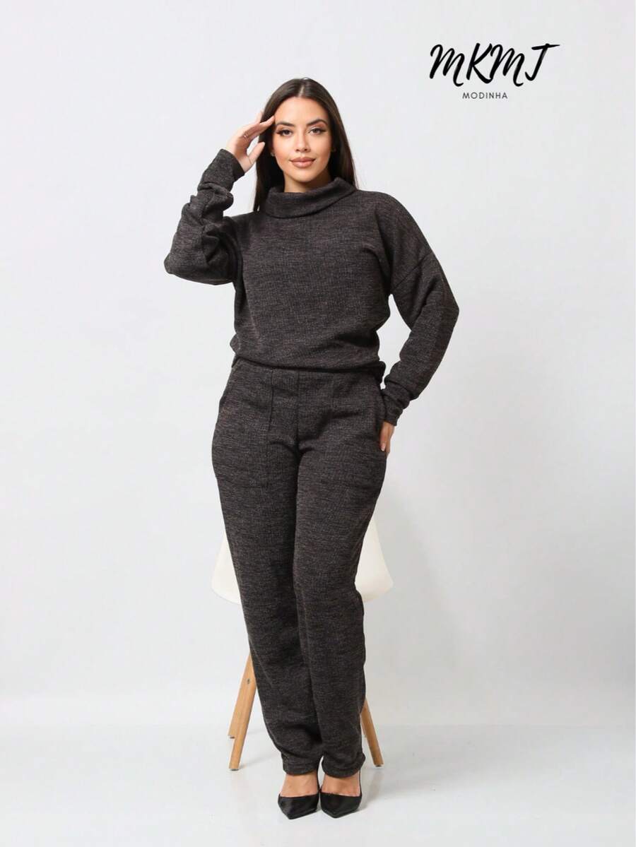 WMS Women's Woolen Ribbed Crew Neck Pants Set SimpleElegantCasualCutePocket - Black and White - View 1